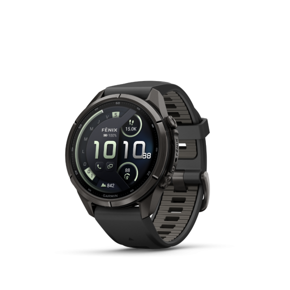 Ceas Sport Garmin Fenix 9 Pro – 43 mm, Titan DLC Carbon Gray Cu Curea Din Silicon Black / Pebble Gray