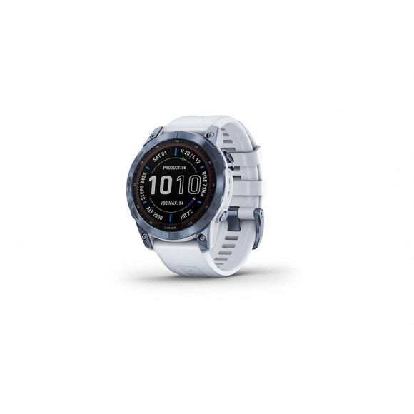 Ceas Garmin Fenix 7X Sapphire Solar Rama Albastra Mineral Blue DLC Titanium si curea din silicon alba Whitestone, Culoare: Black